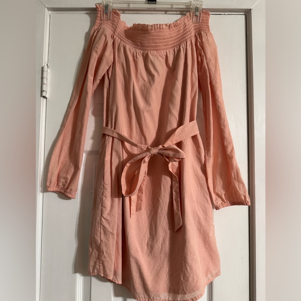 Express Blush Long-Sleeve Off Shoulder Linen Dress